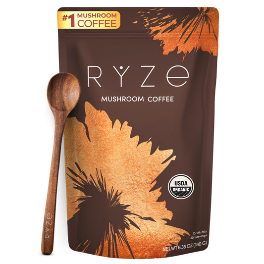 RYZE SUPERFOODS Café de Champiñones USDA Orgánico — 6 Champiñones Adaptógenos + Aceite MCT, 30 Porciones