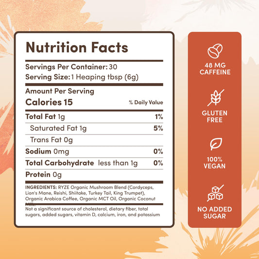 RYZE SUPERFOODS Café de Champiñones USDA Orgánico — 6 Champiñones Adaptógenos + Aceite MCT, 30 Porciones