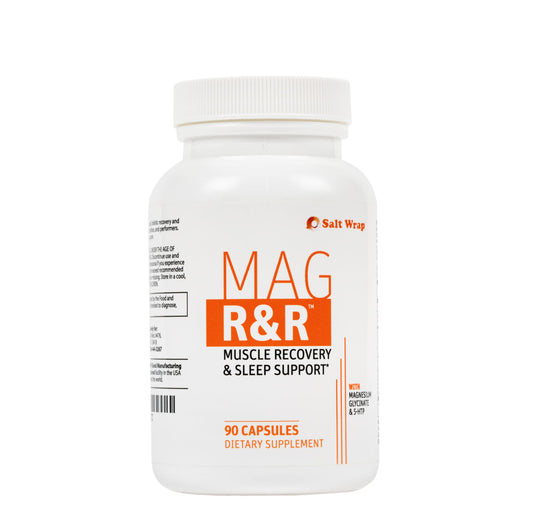 Supplement bottle labeled 'MAG R&R' for muscle recovery and sleep support on a white background