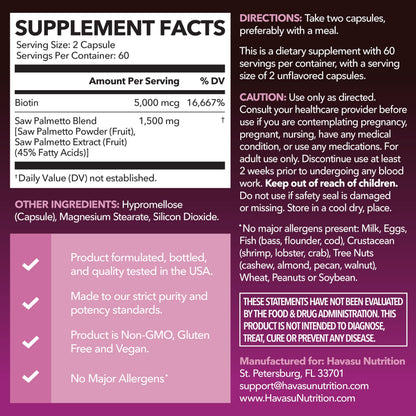 HAVASU Saw Palmetto 1500mg con Biotina 5000mcg | 120 Cápsulas | Cabello y Uñas