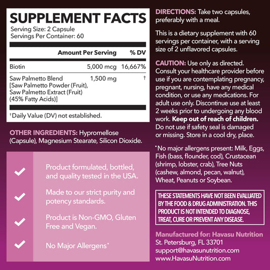 HAVASU Saw Palmetto 1500mg con Biotina 5000mcg | 120 Cápsulas | Cabello y Uñas