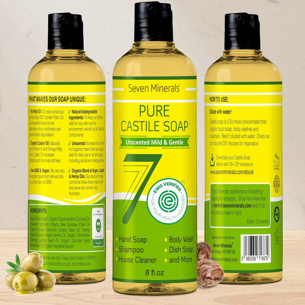 Seven Minerals Jabón de Castilla Puro — Sin Perfume, Piel Sensible, 8oz