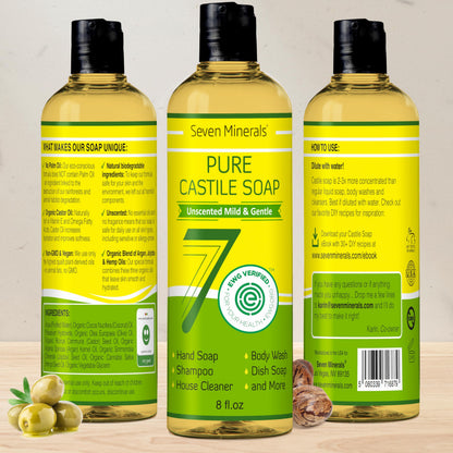 Seven Minerals Jabón de Castilla Puro — Sin Perfume, Piel Sensible, 8oz