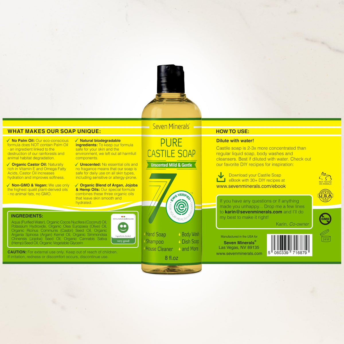 Seven Minerals Jabón de Castilla Puro — Sin Perfume, Piel Sensible, 8oz