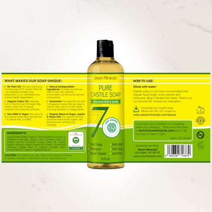Seven Minerals Jabón de Castilla Puro — Sin Perfume, Piel Sensible, 8oz