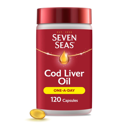Seven Seas Cod Liver Oil container with a red lid and label on a white background