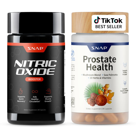Two supplement bottles labeled 'Nitric Oxide Booster' and 'Prostate Health' by SNAP on a white background.