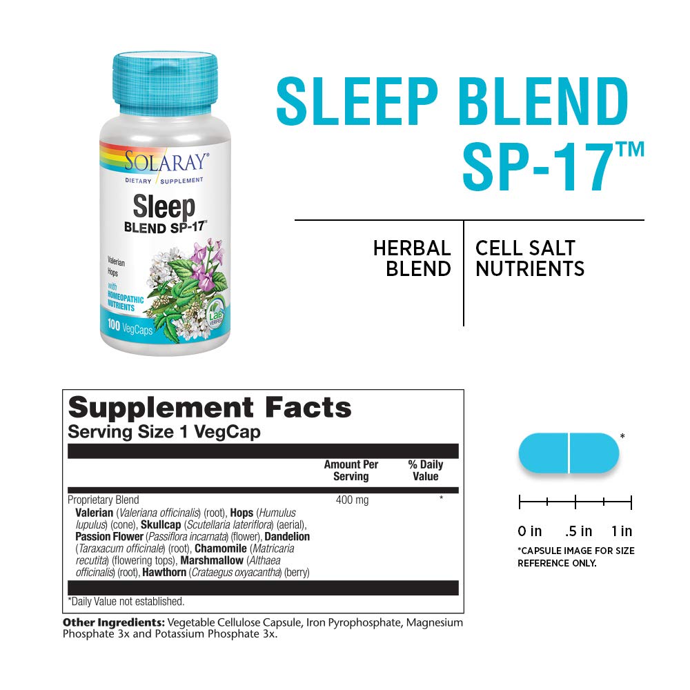 SOLARAY Sleep Blend SP-17 | Apoyo Herbal para Dormir, Sin OMG, Vegano | 100 Cápsulas Vegetales