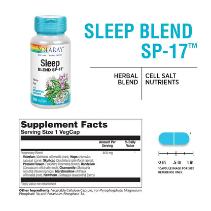 SOLARAY Sleep Blend SP-17 | Apoyo Herbal para Dormir, Sin OMG, Vegano | 100 Cápsulas Vegetales