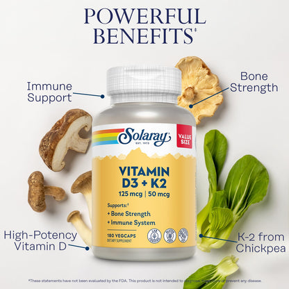 SOLARAY Vitamina D3 K2 5000 UI/50 mcg MK-7 – Apoyo óseo e inmunitario (sin soja, 180 VegCaps)