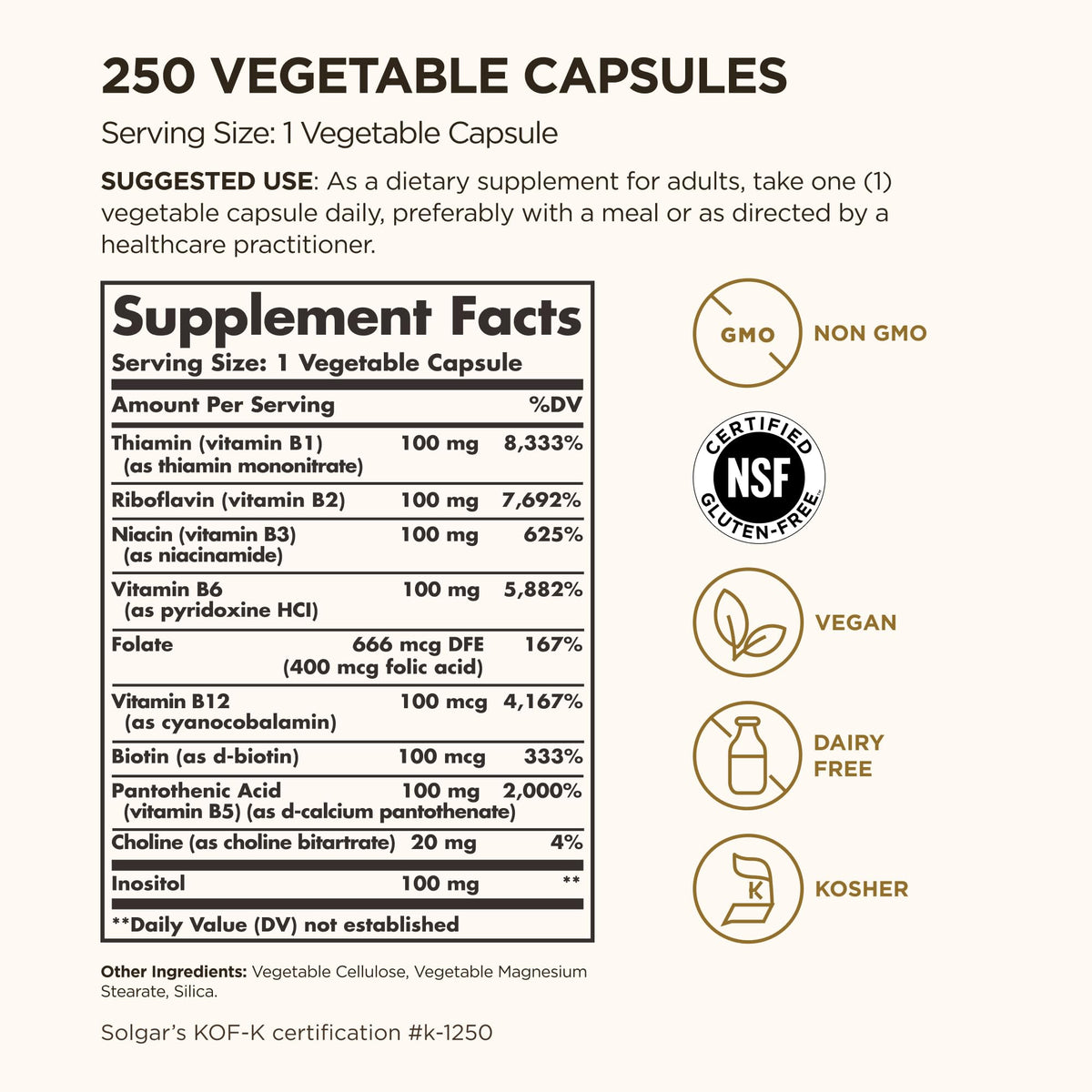 Solgar B-Complex 100 – Apoyo Energético y para el Sistema Nervioso | 250 Cápsulas Vegetales