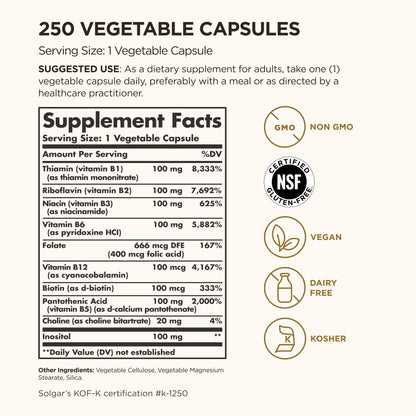 Solgar B-Complex 100 – Apoyo Energético y para el Sistema Nervioso | 250 Cápsulas Vegetales