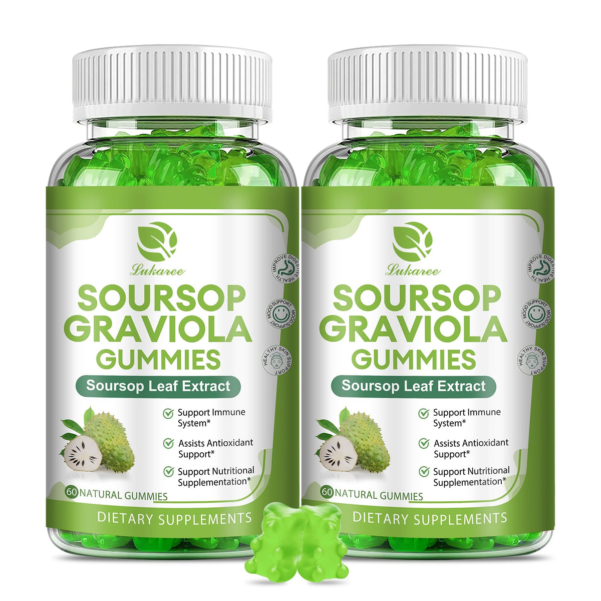 Two bottles of Soursop Graviola Gummies with green gummy bears on a white background.