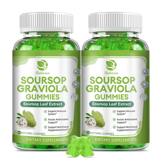 Two bottles of Soursop Graviola Gummies with green gummy bears on a white background.