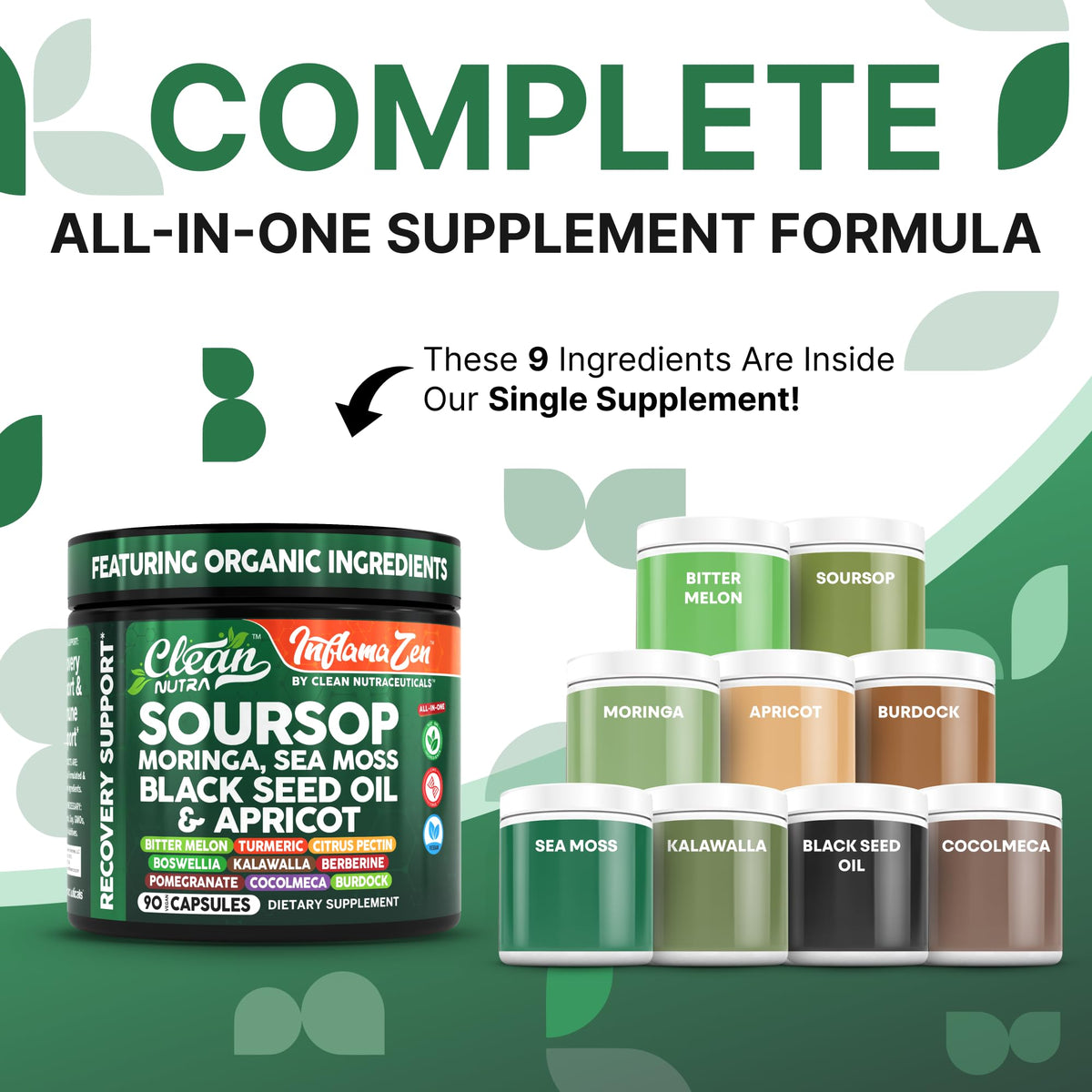 Clean Nutra Suplemento de Guanábana con Moringa, Musgo Marino y Berberina 90 cápsulas