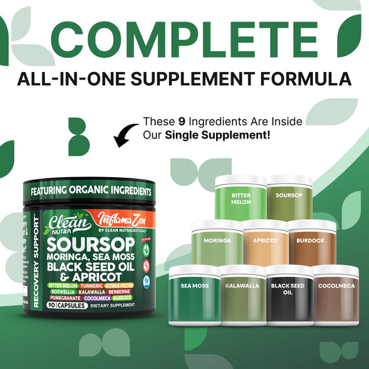 Clean Nutra Suplemento de Guanábana con Moringa, Musgo Marino y Berberina 90 cápsulas