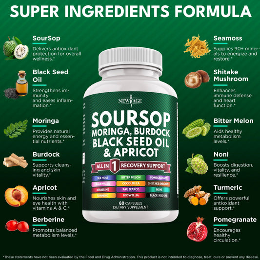 Suplemento todo en uno de guanábana con moringa, musgo marino y berberina, 120 cápsulas