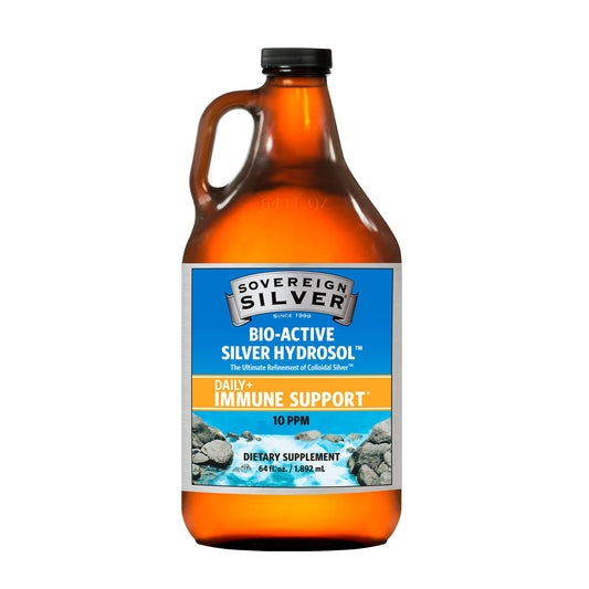Bottle of Sovereign Silver Bio-Active Silver Hydrosol on a white background