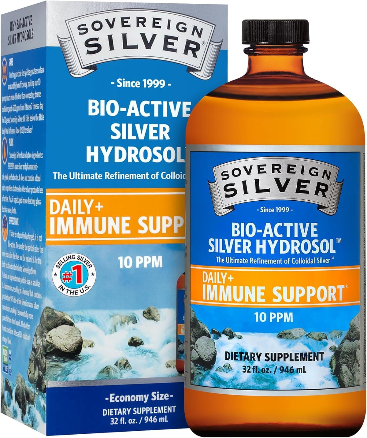 Sovereign Silver Bio-Active Silver Hydrosol bottle and packaging on a white background