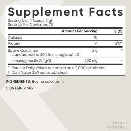Sports Research Calostro Bovino en Polvo – Fácil de Mezclar, Superalimento de un Solo Ingrediente para la Salud Intestinal y Apoyo Rico en IgG – de Origen Estadounidense, sin OGM, sin Gluten – 75 Porciones (Sin Sabor)
