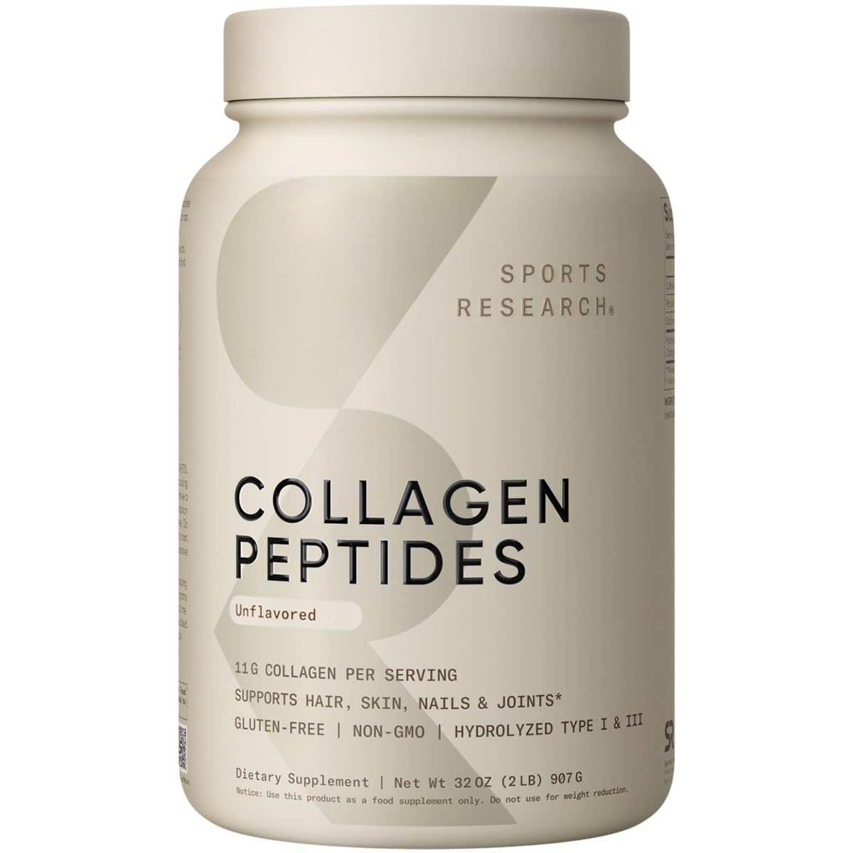 Beige supplement bottle labeled 'Collagen Peptides' by Sports Research on a white background