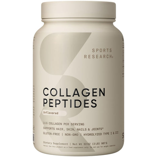 Beige supplement bottle labeled 'Collagen Peptides' by Sports Research on a white background