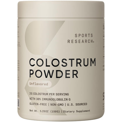 Sports Research Calostro Bovino en Polvo – Fácil de Mezclar, Superalimento de un Solo Ingrediente para la Salud Intestinal y Apoyo Rico en IgG – de Origen Estadounidense, sin OGM, sin Gluten – 75 Porciones (Sin Sabor)