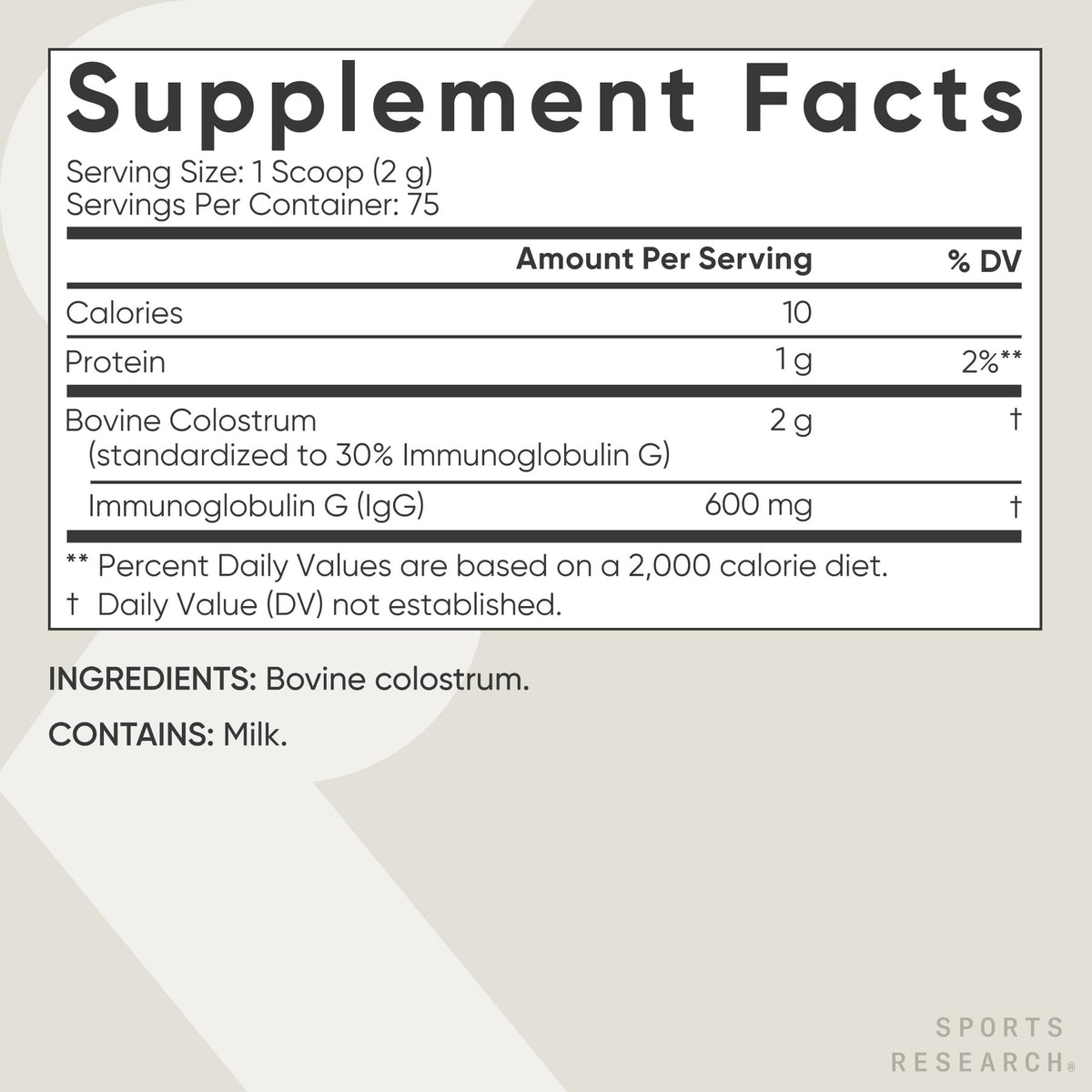 Sports Research Calostro Bovino en Polvo – Fácil de Mezclar, Superalimento de un Solo Ingrediente para la Salud Intestinal y Apoyo Rico en IgG – de Origen Estadounidense, sin OGM, sin Gluten – 75 Porciones (Sin Sabor)