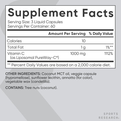 Sports Research High Potency Liposomal Vitamin C 1000 mg – Vegan, Non-GMO, Gluten Free | 180 Veggie Capsules - Calm Era