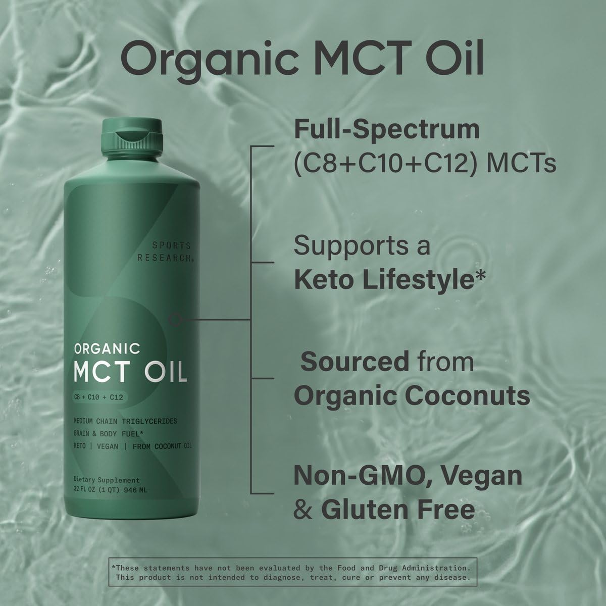 Aceite MCT Keto de Sports Research a base de cocos orgánicos – C8, C10, C12 – Sin sabor (128 oz)