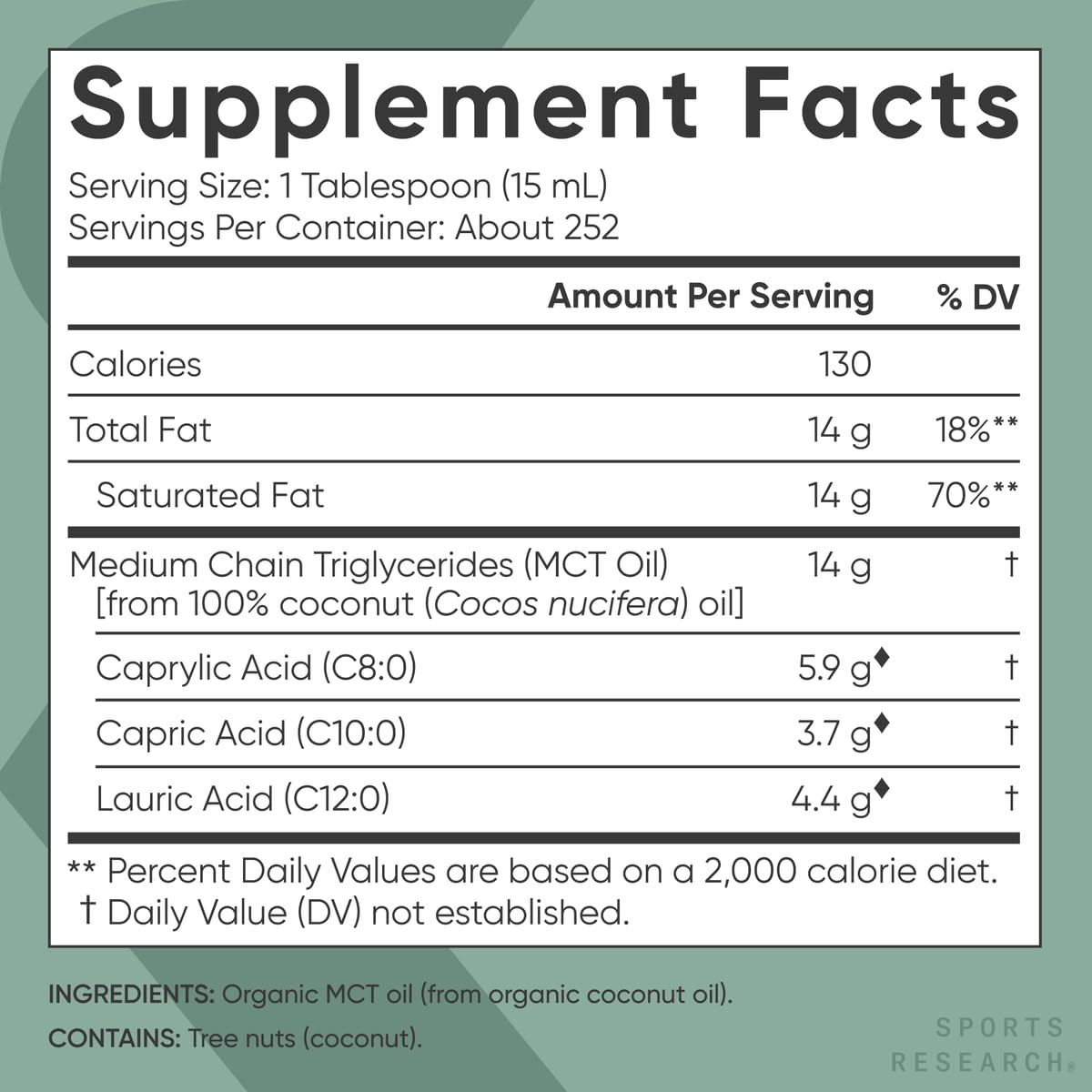 Aceite MCT Keto de Sports Research a base de cocos orgánicos – C8, C10, C12 – Sin sabor (128 oz)