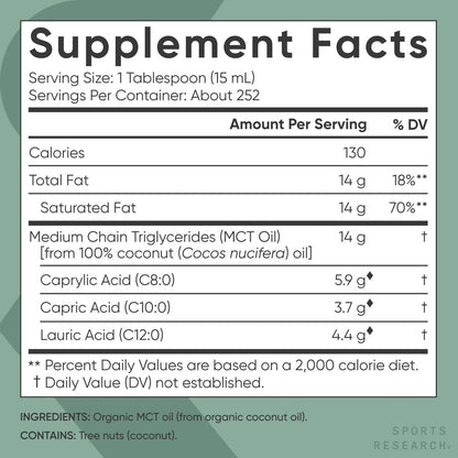 Aceite MCT Keto de Sports Research a base de cocos orgánicos – C8, C10, C12 – Sin sabor (128 oz)