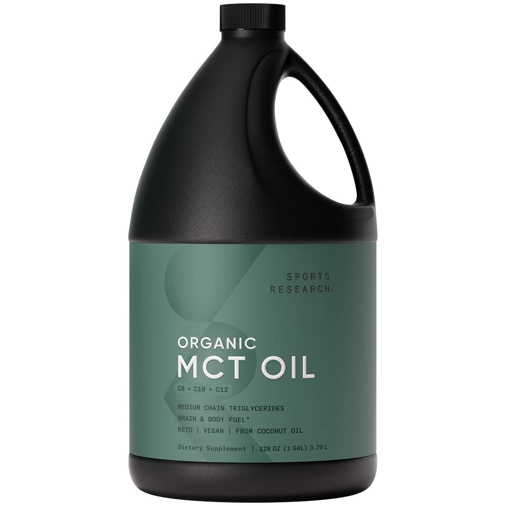 Aceite MCT Keto de Sports Research a base de cocos orgánicos – C8, C10, C12 – Sin sabor (128 oz)