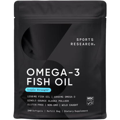 Sports Research Aceite de Pescado Omega-3 de Triple Concentración - Sin Regusto, 1250 mg, 240 Cápsulas Blandas | Abadejo Silvestre de Alaska, EPA y DHA