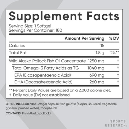 Sports Research Omega-3 Fish Oil 1250 - Triple Strength, MSC Certified, 180 Softgels - Calm Era