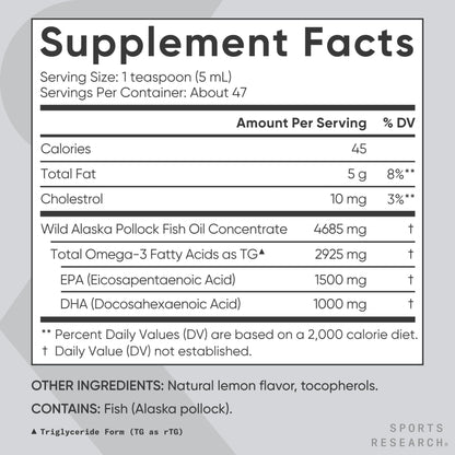Sports Research Omega-3 Fish Oil, 8oz Glass Bottle – Lemon Flavor, Wild-Caught Alaska Pollock - Calm Era