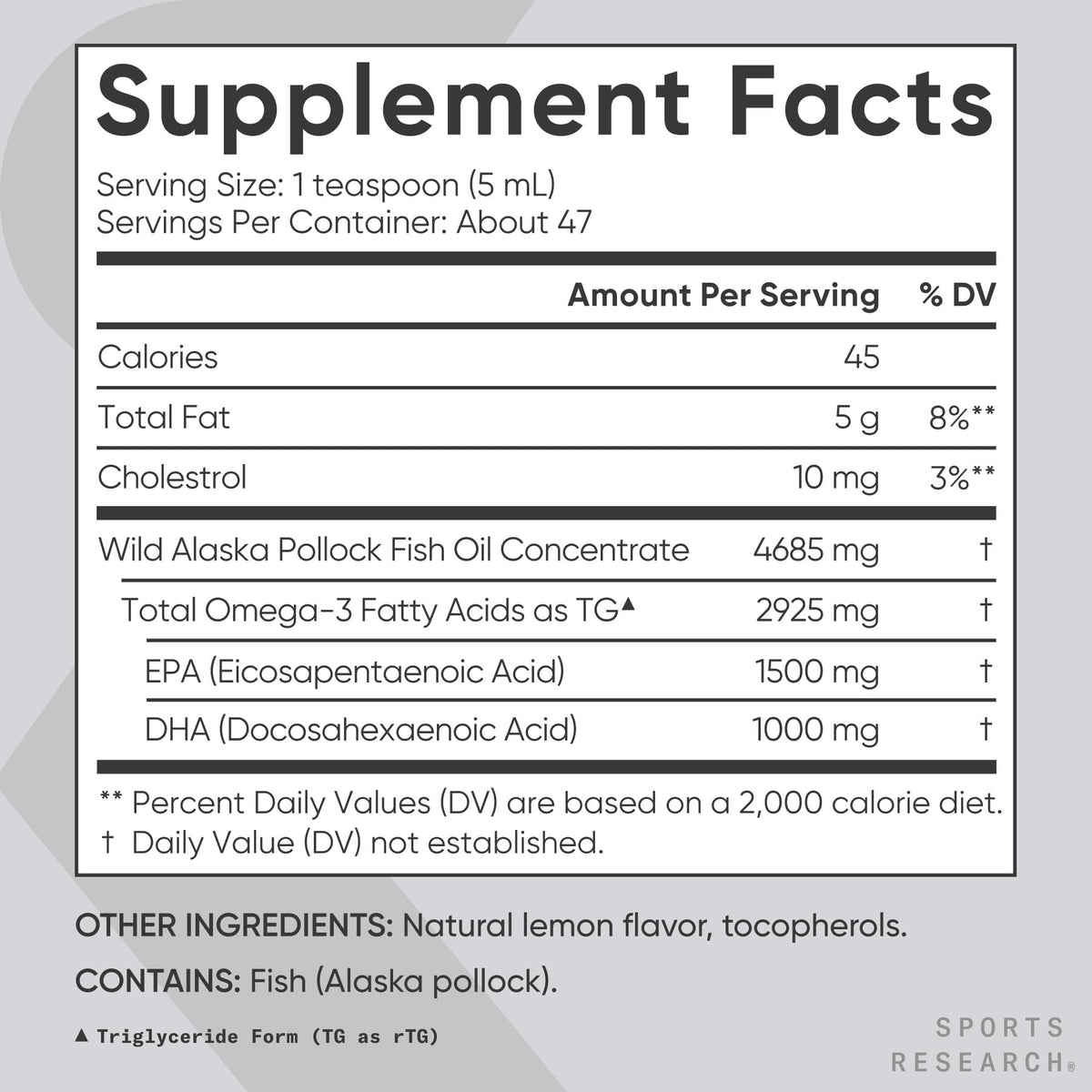Aceite de pescado Sports Research Omega-3, botella de vidrio de 8oz – Sabor limón, abadejo silvestre de Alaska