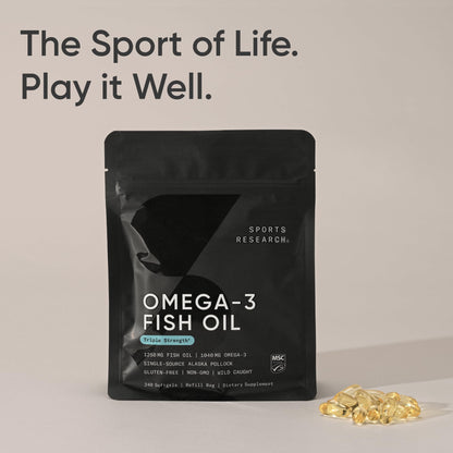 Sports Research Aceite de Pescado Omega-3 de Triple Concentración - Sin Regusto, 1250 mg, 240 Cápsulas Blandas | Abadejo Silvestre de Alaska, EPA y DHA