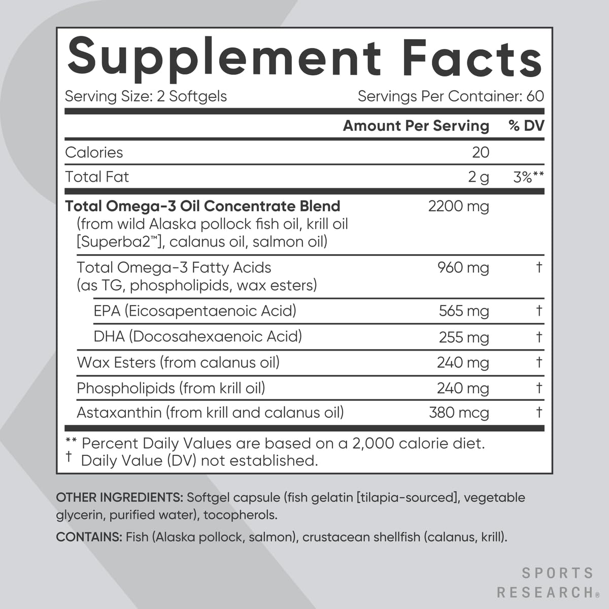 Sports Research Total Omega-3 Fish Oil 2200mg — EPA & DHA from Krill, Salmon & Pollock | 120 Softgels - Calm Era