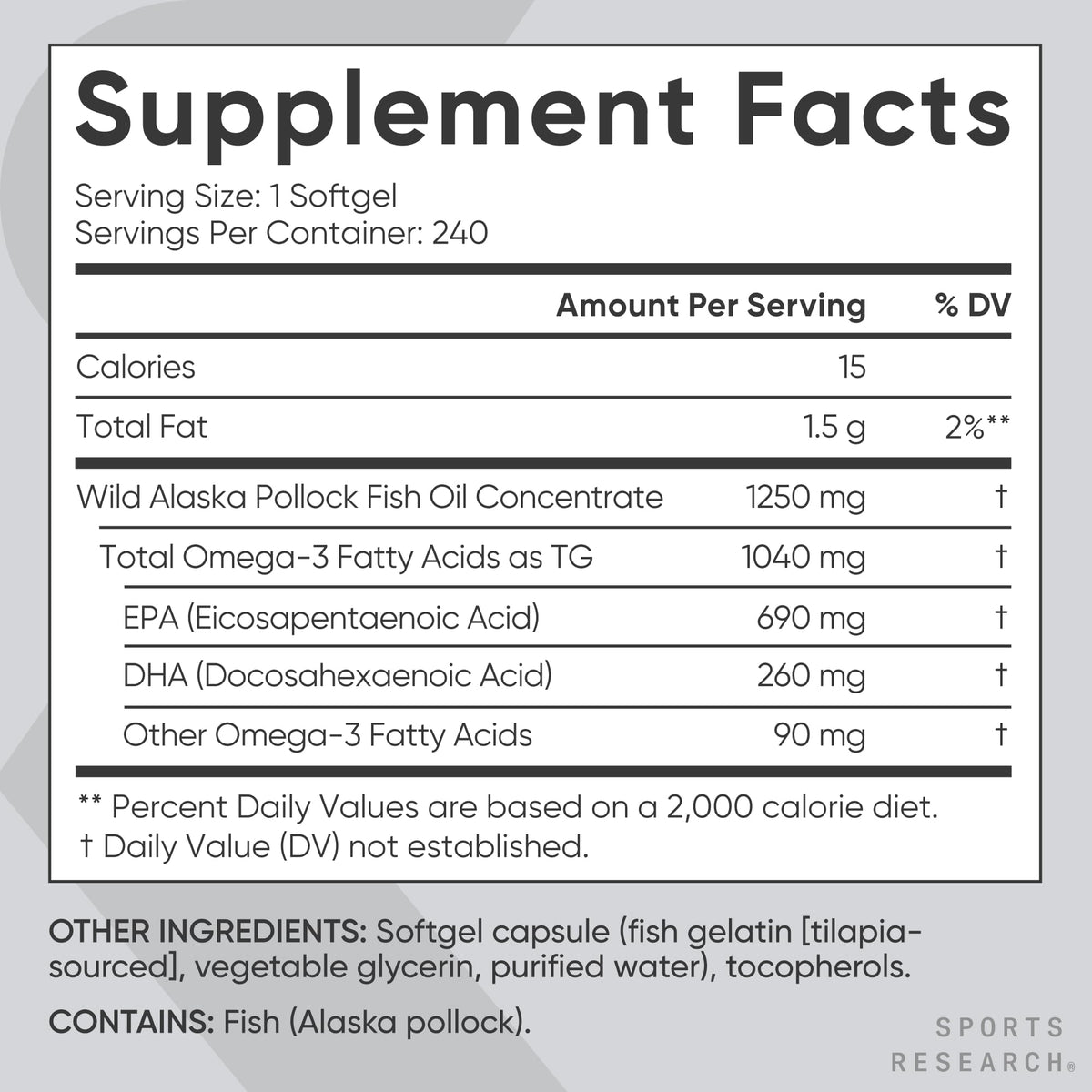 Sports Research Triple Strength Omega-3 Fish Oil - Burpless 1250 mg, 240 Softgels | Wild Alaska Pollock, EPA & DHA - Calm Era