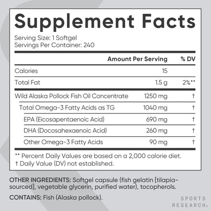 Sports Research Triple Strength Omega-3 Fish Oil - Burpless 1250 mg, 240 Softgels | Wild Alaska Pollock, EPA & DHA - Calm Era