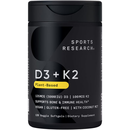 Sports Research Vitamin D3 + K2 with Coconut Oil – Vegan, 5000 IU D3, 100 mcg MK-7, 120 Softgels - Calm Era