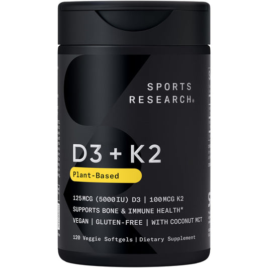 Sports Research Vitamin D3 + K2 with Coconut Oil – Vegan, 5000 IU D3, 100 mcg MK-7, 120 Softgels - Calm Era
