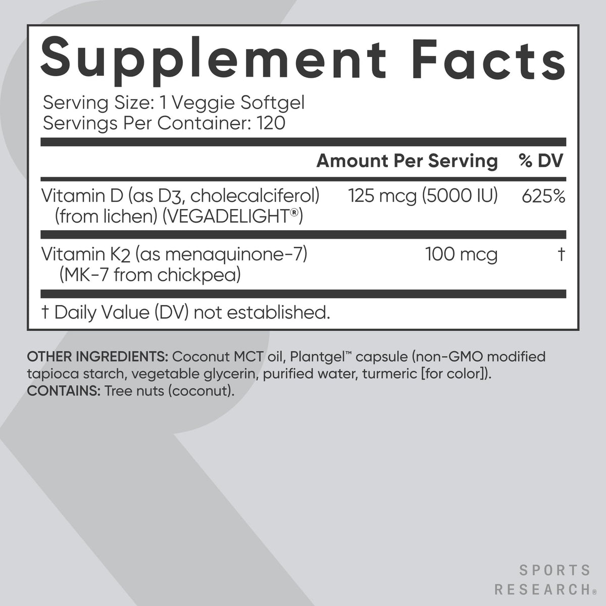 Sports Research Vitamin D3 + K2 with Coconut Oil – Vegan, 5000 IU D3, 100 mcg MK-7, 120 Softgels - Calm Era
