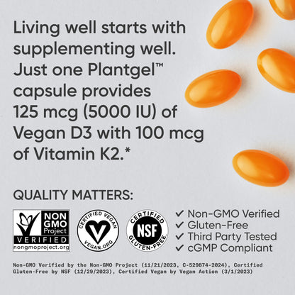 Sports Research Vitamin D3 + K2 with Coconut Oil – Vegan, 5000 IU D3, 100 mcg MK-7, 120 Softgels - Calm Era