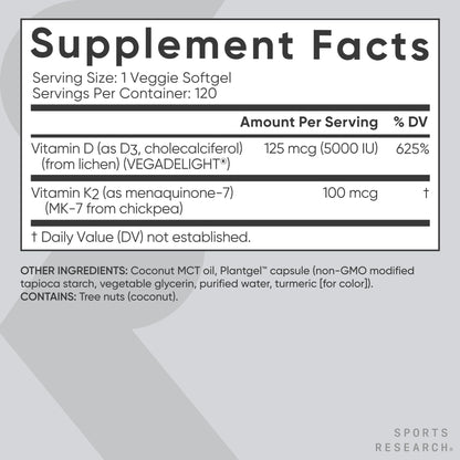 Sports Research Vitamin D3 + K2 with Coconut Oil – Vegan, 5000 IU D3, 100 mcg MK-7, 120 Softgels - Calm Era