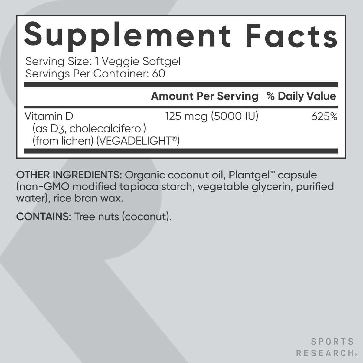 Sports Research Vitamina D3 Vegana 5000 UI — 60 Cápsulas Blandas