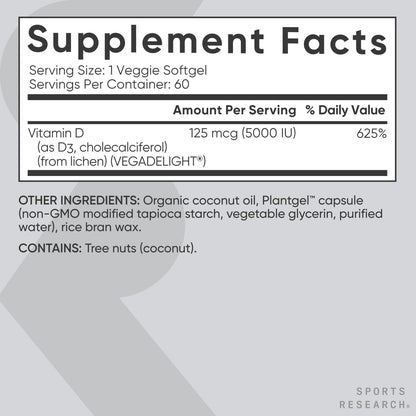 Sports Research Vitamina D3 Vegana 5000 UI — 60 Cápsulas Blandas