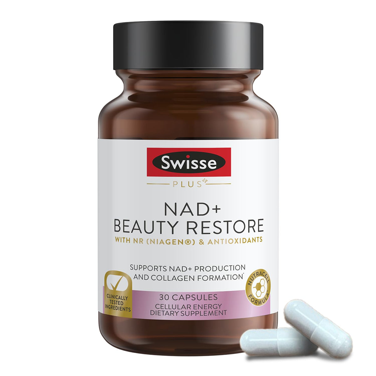 Swisse Plus NAD+ Beauty Restore supplement bottle with capsules on a white background