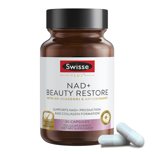 Swisse Plus NAD+ Beauty Restore supplement bottle with capsules on a white background